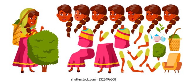 Indian Old Woman Vector. Senior Person Portrait. Elderly People. Aged. Animation Creation Set. Face Emotions, Gestures. Tea Picker On Plantation. Life. Print Design. Animated. Illustration
