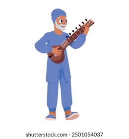 indian older man playing sitar isolated