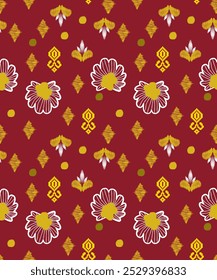 Indio en la frontera de bordado de patrón de ikat floral boho africano. El fondo de la base ornamental se repite a lo largo de la frontera floral-floral india bordado azteca con patrones sin costuras.