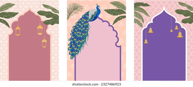 Indian and oriental frames, backgrounds, doors and arches. Wedding, event invitation templates collection. Vector design