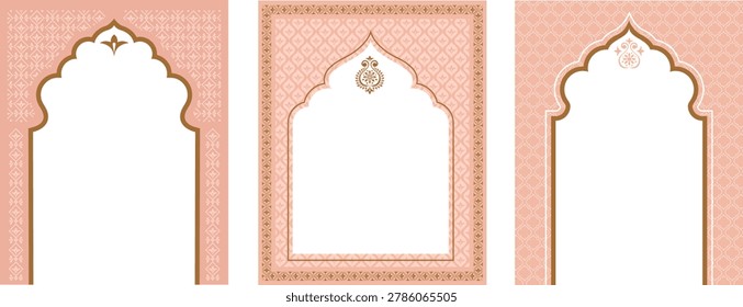 Indian and oriental frames, backgrounds, doors and arches. Wedding, event invitation templates collection. Vector design