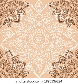 Baldosa cuadrada de mandala oriental india. Mandala de encaje blanco en el centro y cuatro esquinas de mandala marrón