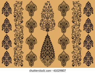 Indian ornament from decorative black elements on a beige background