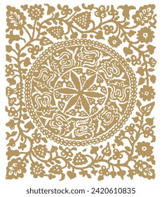 Indian Ornament. Floral Botanical Pattern. Gold Foliage on White Background. Linocut Print. Vector illustration. Fabric and Textile Wallpaper. Folk Rustic Golden Decor.
