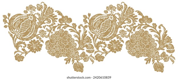 Indian Ornament. Floral Botanical Pattern. Gold Foliage on White Background. Linocut Print. Vector illustration. Fabric and Textile Wallpaper. Folk Rustic Golden Decor.