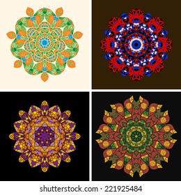 Indian ornament, kaleidoscopic floral pattern, mandala. Set of four ornament lace. Bright circle patterns. Ornamental round floral pattern. Set of four colorful ornament