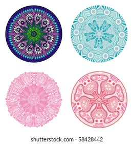 Indian ornament, kaleidoscopic floral pattern, mandala. Set of four ornament lace.