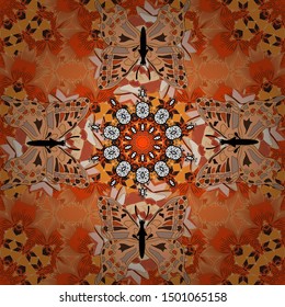 Indian ornament. Vector illustration. Seamless pattern. Floral wallpaper. Colorful ornamental border. On brown, beige and orange colors.
