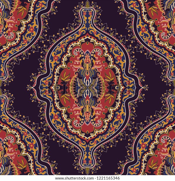 インドの装飾 ベクター対称シームレスパターン エスニックスタイル 大きな装飾エレメントを含む背景 インド トルコ 織物用アラビア柄 シリー カーペット タオル ショール 絨毯 のベクター画像素材 ロイヤリティフリー