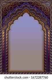 Indian ornamental arch. A4 format, text box, colors purple and gold.