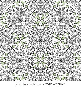 Indian ornamental seamless pattern design in mehendi style with black outline mandalas and light green background, vector