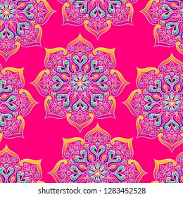 Indian ornamental seamless pattern. Ethnic folk mandala. Hand drawn ornament.