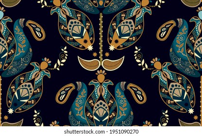 Indische Ziertapeten. Folk indianisches Muster. Paisley-Ornament-Hintergrund. Ethnische Tapete. Asiatische dunkle Tapete. Vektor-nahtlose Hintergrund