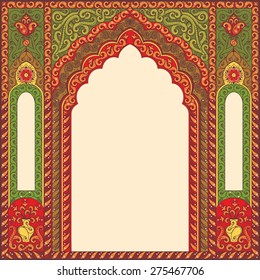 Indian ornamented arch. Color red and green.