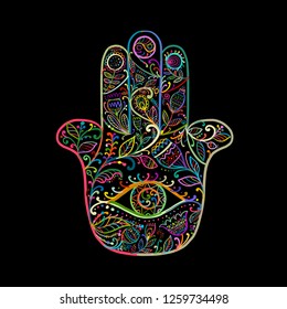 Indian ornate hand Hamsa, symbol.