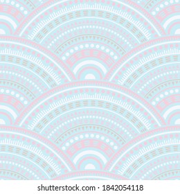 Indian overlapping circles carpet design vector seamless pattern. Tribal motifs colorful repeating illustration. Eastern asian ethnic circle mandala elements seamless geometric pattern.