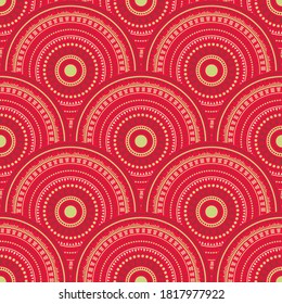 Indian overlapping circles embroidery vector seamless pattern. Oriental motifs suzani repeating illustration. Eastern asian folk round medallion circles seamless geometric pattern.