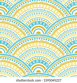 Indian overlapping circles fabric print vector seamless pattern. Folk motifs damask repeating scallops. Eastern asian ethnic medallion concentric shapes seamless geometric pattern.