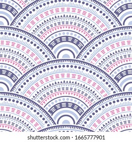 Indian overlapping circles textile ornament vector seamless pattern. Folk motifs abstract repeating scallops. Eastern asian folk overlapping circular shapes seamless geometric pattern.