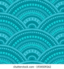 Indian overlapping circles textile ornament vector seamless pattern. Oriental motifs retro repeating geometry. Eastern asian ethnic medallion concentric shapes seamless geometric pattern.