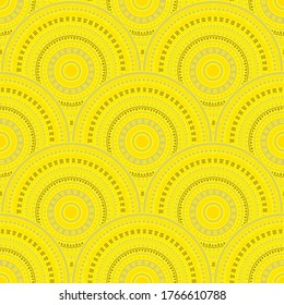 Indian overlapping circles tile design vector seamless pattern. Tribal motifs retro line art geometry. Eastern asian folk medallion concentric shapes seamless geometric pattern.