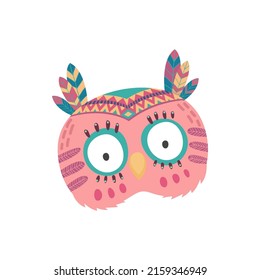 Indian Owl Native American Bird Face Mask With Feathers Isolated Tribal Headdress Cartoon Icon. Vector Howlet Fowl Face, Carnival Party Headband. Head With National Ornaments, Wildlife Animal Mascot