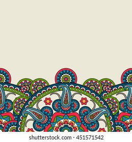 Indian paisley boho floral border. Vector illustration