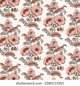 Indian Paisley Floral Seamless Vector Pattern in Mocha Mousse Color, Vintage Oriental Motif Print for Chintz fabric or Batik Indonesia Sarong, Arabesque Design