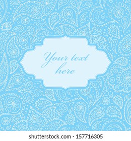 Indian paisley flowers hand drawn seamless pattern. Card template with frame for text. Vector illustration.