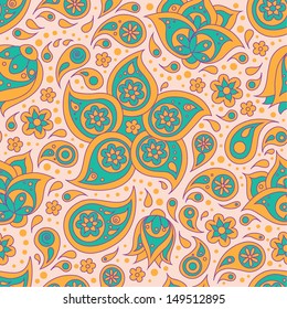 Indian paisley flowers seamless pattern. Vector illustration.