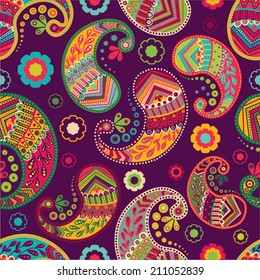 Indian paisley pattern. Colorful vector indonesian batik. Paisley wallpaper with stylized flowers. Design for fabric, textile, curtains, cover, wrapping paper, gift paper, home decor