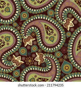 Indian paisley pattern. Colorful vector indonesian batik. Green classic paisley wallpaper. Design for fabric, textile, curtains, cover, wrapping paper, gift paper