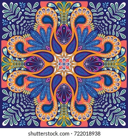 Indian paisley pattern, decorative textile, wrapping, pillow or kerchief decor. Boho style vector background design.