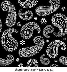 Indian paisley pattern hand-drawn vector background white on black