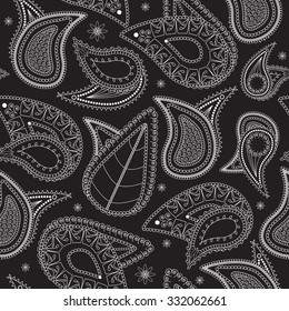Indian paisley pattern hand-drawn vector background white on black