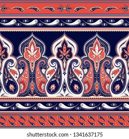 Indian paisley pattern vector border seamless. Silk floral scarf design with ethnic flower arabesque motifs. Oriental india yoga print. Background for wallpaper, blanket, yoga mat and women shawls