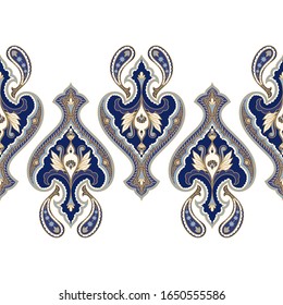 Borde vectorial de patrón de cachemir indio sin fisuras. El motivo del medallón arabesco de Damask. Huella de ornamento étnico persa. Decoración islámica de diseño floral.