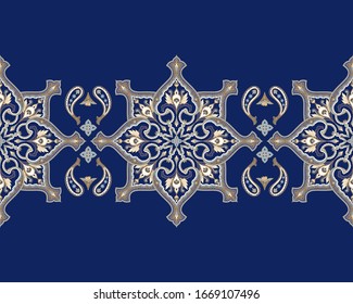 Borde vectorial de patrón de cachemir indio sin fisuras. El motivo del medallón arabesco de Damask. Huella de ornamento étnico persa. Decoración de diseño estilo boho oriental.