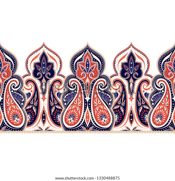 Indian paisley pattern vector border seamless. Damask flower medallion