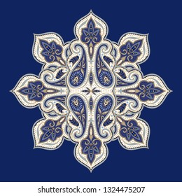 Indian paisley pattern vector. Gold and blue mandala floral medallion print. Vintage motif design. Oriental india ornament.