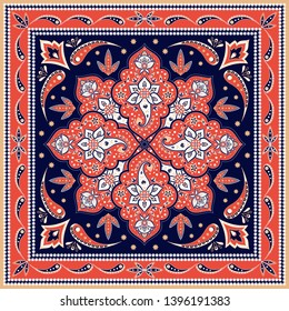 Indian paisley pattern vector. Mandala medallion motif for silk scarf fabric print. Floral vintage ethnic ornament. Damask design for muslim woman shawls, batik, rug, pillow, bandana, carpet texture.