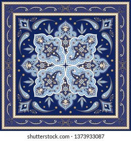 Indian paisley pattern vector. Muslim silk scarf medallion fabric print. Arabesque floral mandala and ethnic vintage flower ornament. Oriental design for batik shawls, rug, pillow, bandana, carpet.