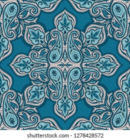 Indian paisley pattern vector seamless. Floral mandala medallion motif. Boho ethnic ornament print. Damask design for woman scarf, curtain textile, wallpaper, carpet, blanket.