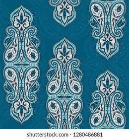 Indian paisley pattern vector seamless. Floral border persian motif. Damask vintage flower ethnic ornament print. Bohemian design for silk scarf, curtain textile, wallpaper, boho rug, gypsy blanket.