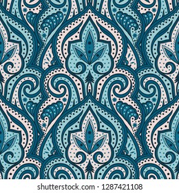 Indian paisley pattern vector seamless. Floral damask ornament. Oriental scale motif. Batik Indonesia ethnic print. Classic design for silk scarf fabric, curtain textile, wallpaper, boho blanket.