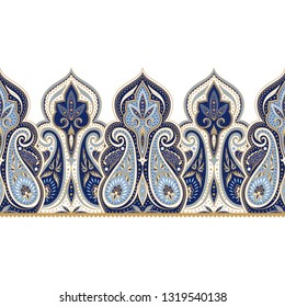 Borde transparente con patrón de cachemir indio. Motivo floral de medallón. Impresión de adorno étnico de flores antiguas. Decoración marroquí de diseño arabesco.