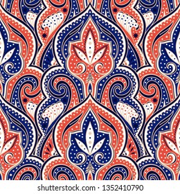 Indian paisley pattern vector seamless. Coral floral arabesque medallion motif print. Damask vintage flower ethnic ornament. Oriental design for wallpaper, curtain textile, rug, carpet, blanket.