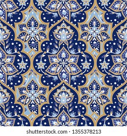 Indian paisley pattern vector seamless. Floral arabesque damask ornament motif. Batik Indonesia ethnic print. Oriental design for wallpaper, muslim silk scarf fabric, curtain textile, boho blanket.