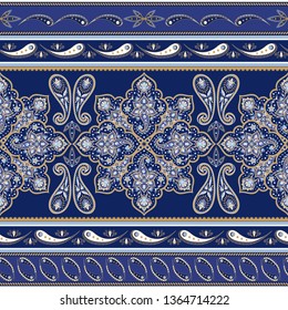 Indian paisley pattern vector seamless border. Mandala floral scarf design. Vintage flower arabesque ornamental motif. Oriental batik print design for scarf, blanket, sarong or clothing fabric.