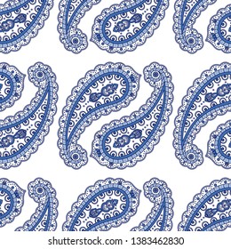 Indian paisley pattern vector seamless. Floral oriental motif print. Traditional vintage flower ethnic ornament. Persian design for woman scarf, curtain textile, classic wallpaper, elegant carpet.